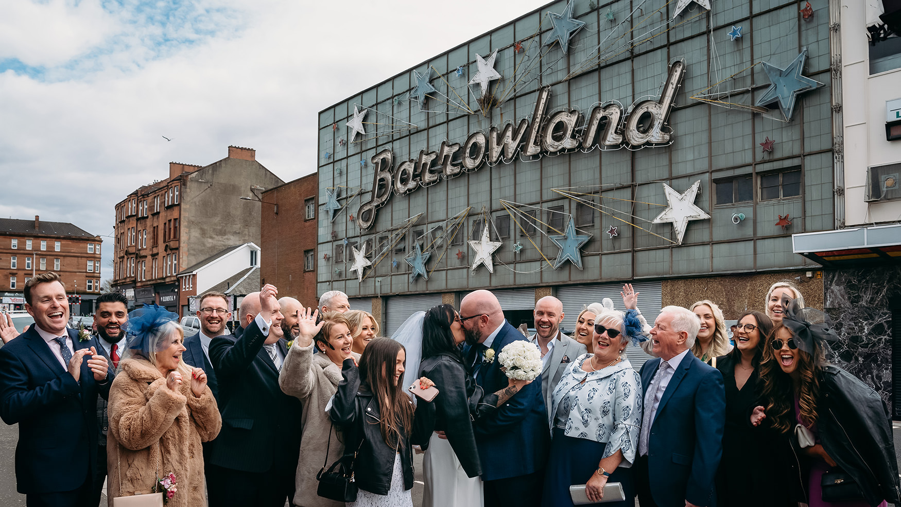 Glasgow micro wedding group photo outside Barrowlands