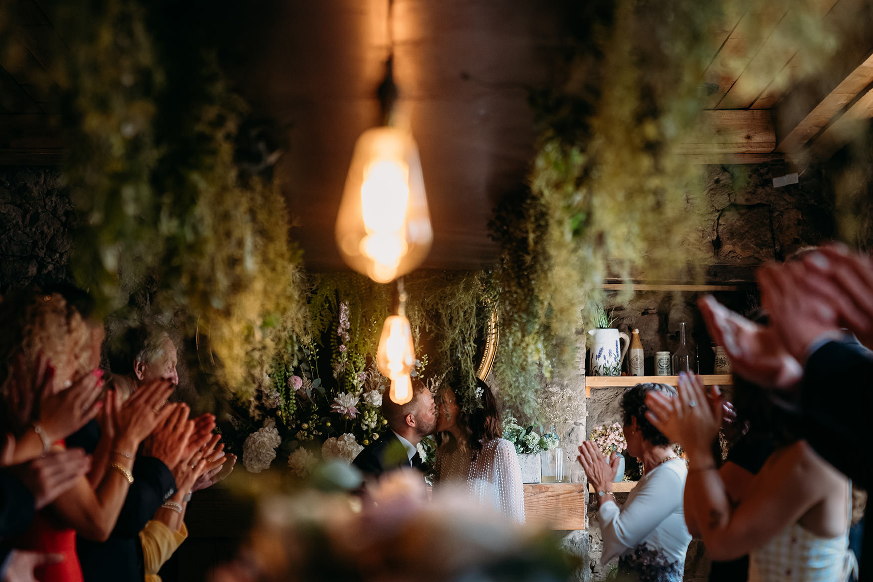 Couple kiss during their Glasgow micro wedding at The Bothy