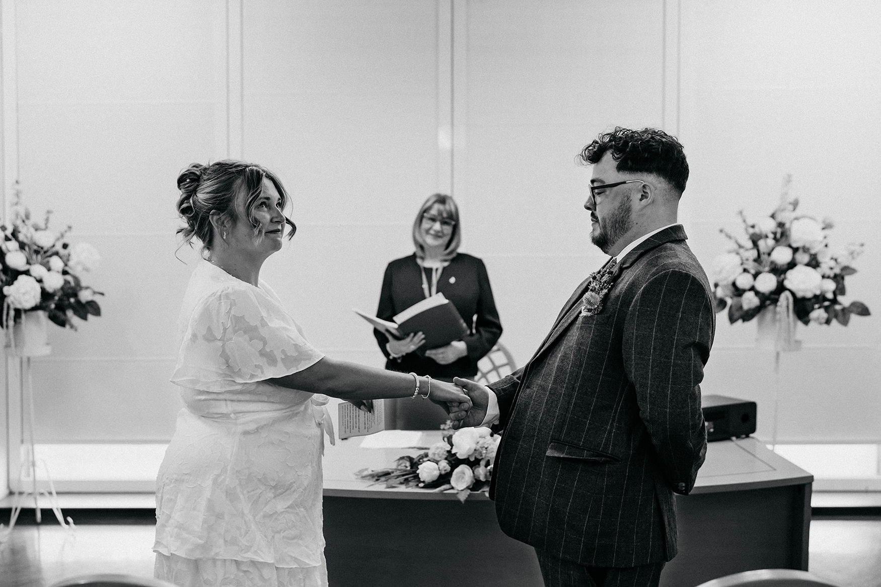 bride trying not to cry during Paisley registry office wedding