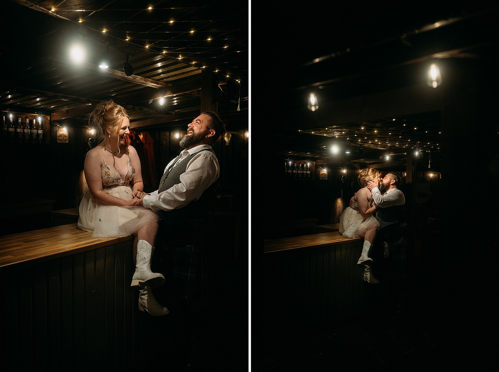 Newlyweds talk and kiss at the outside bar during their wedding at The Gathering at Woodhead Farm