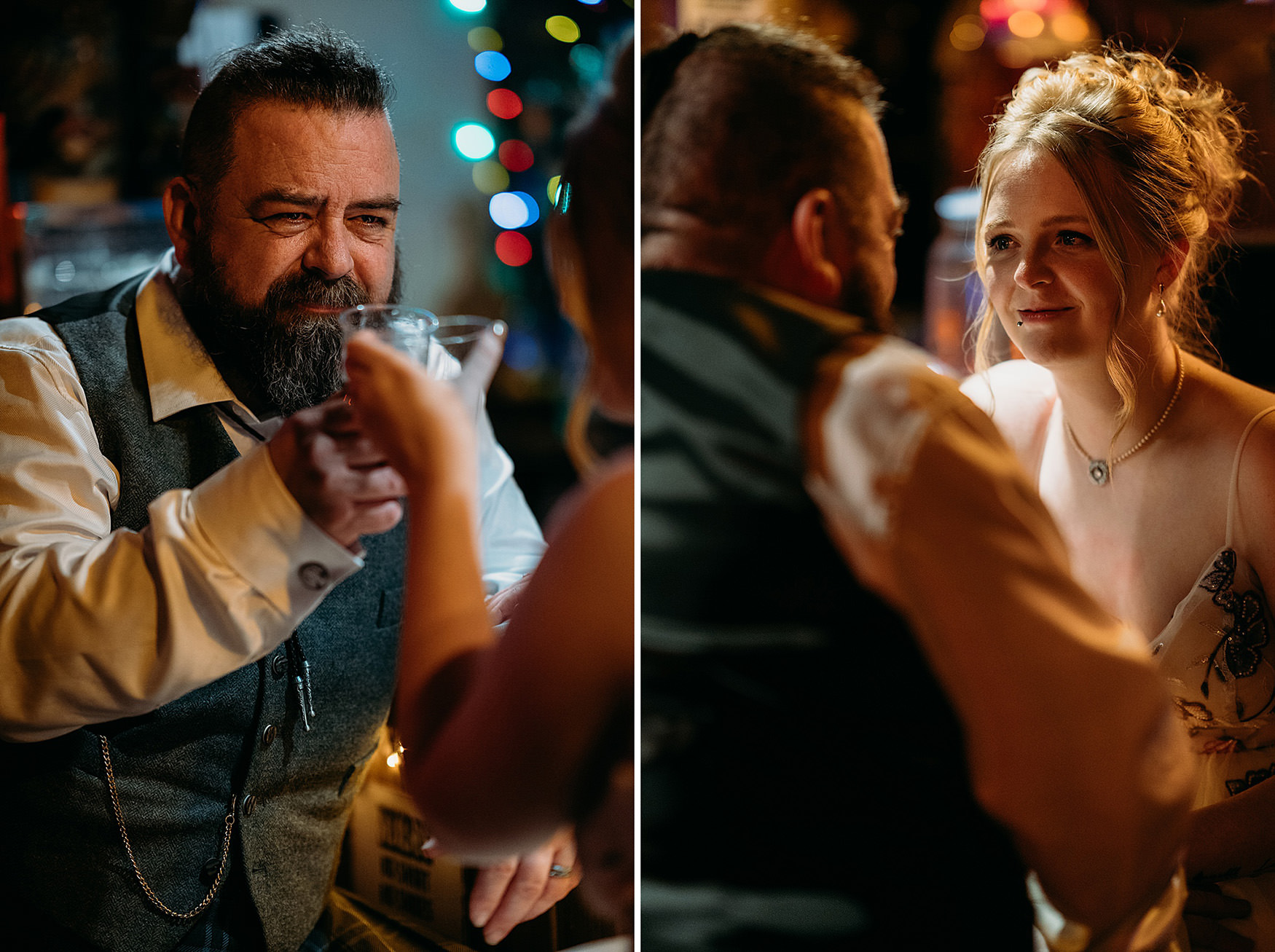 Newlyweds share a drink at their wedding at The Gathering at Woodhead Farm