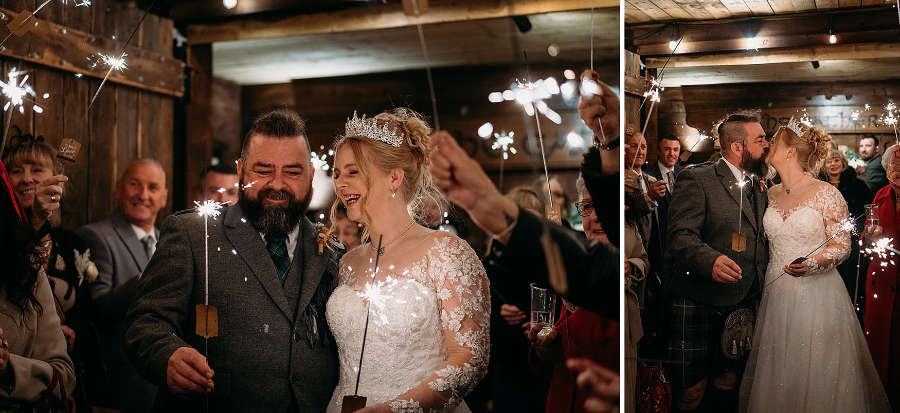 newlyweds and guests enjoying sparklers at a The Gathering at Woodhead Farm wedding