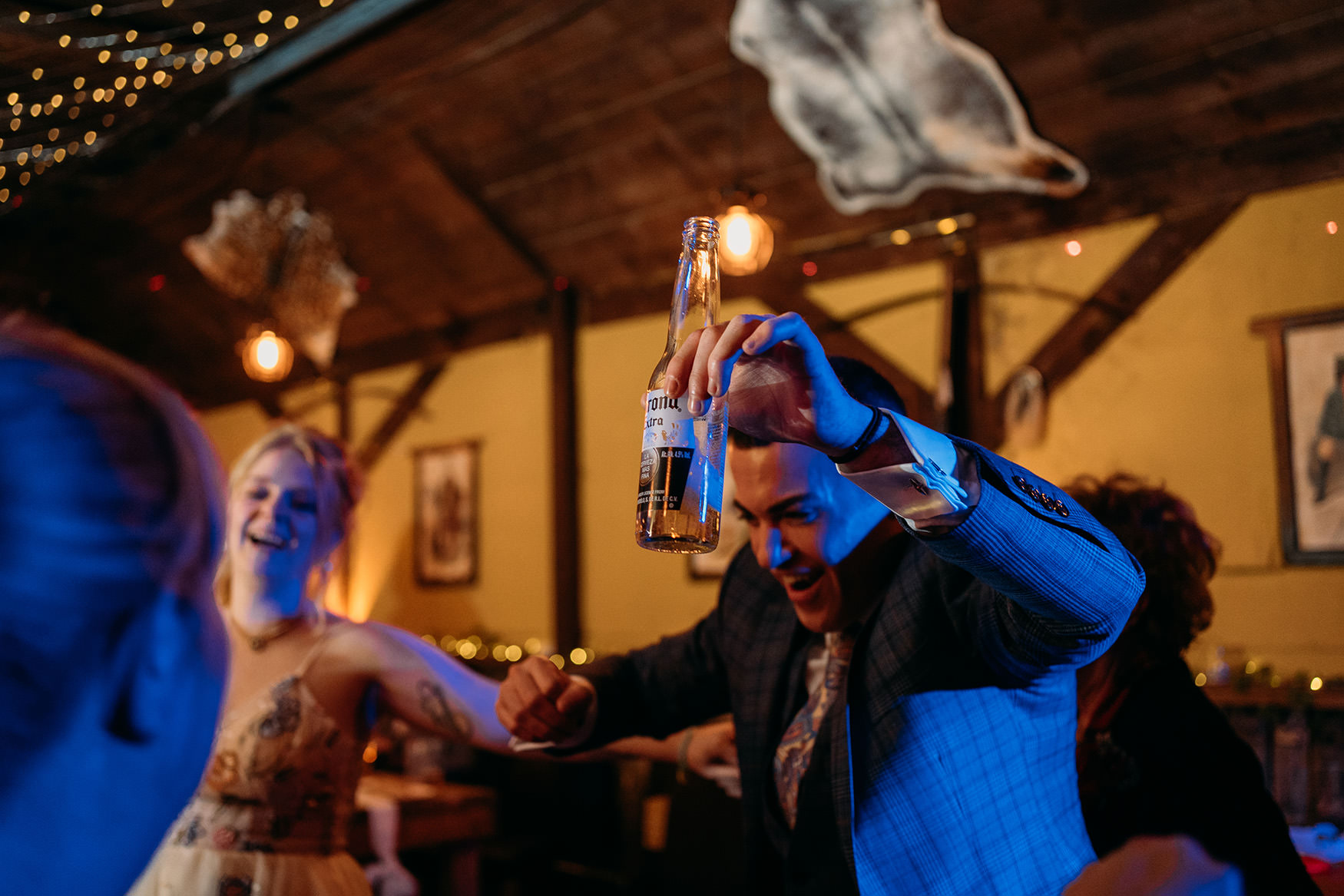 Guest dancing at a wedding at The Gathering at Woodhead Farm