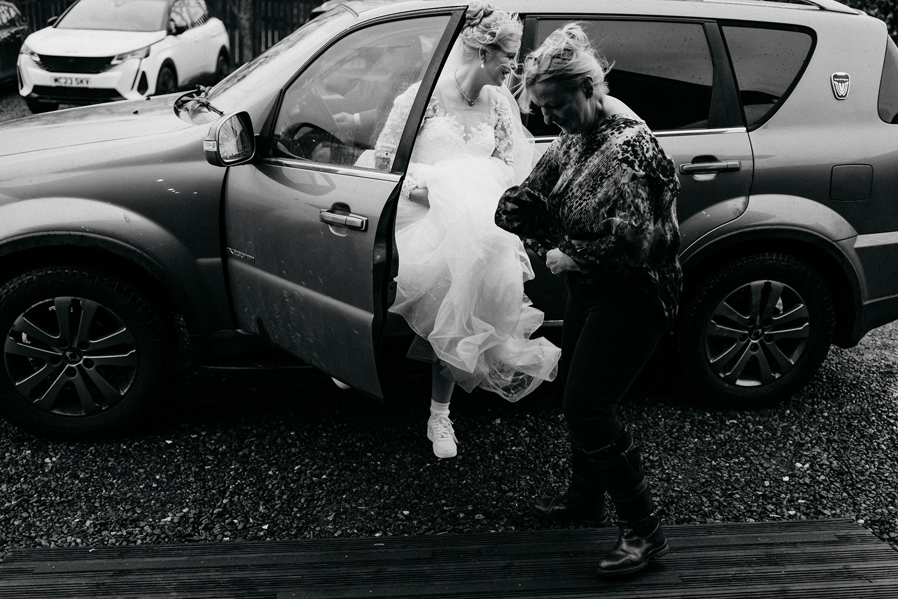 Bride arrives at her The Gathering at Woodhead Farm wedding day